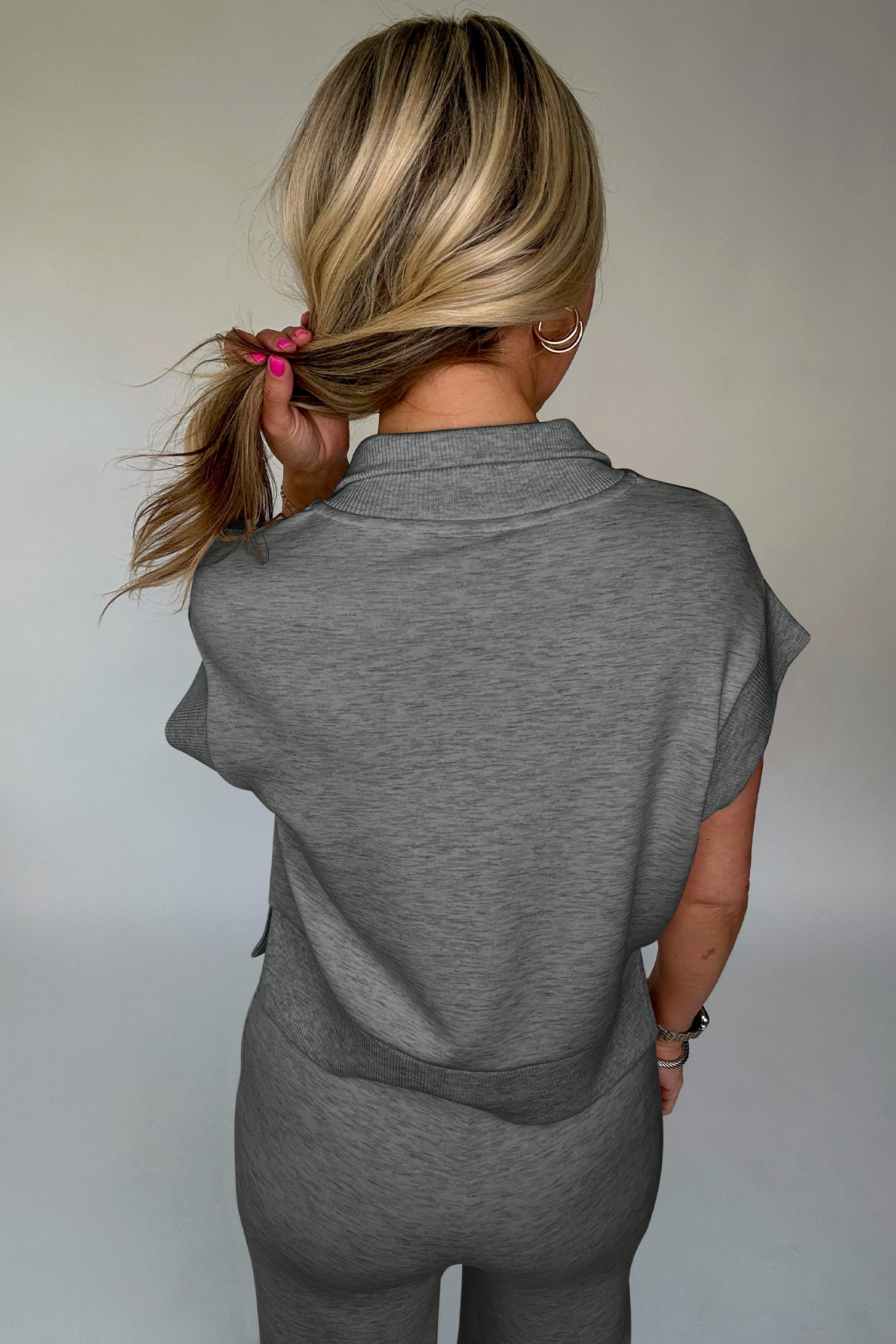 灰色半拉链 Polo T 恤休闲裤套装 LC628725