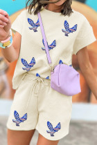 杏色时尚质感爱国亮片老鹰图案短裤套装