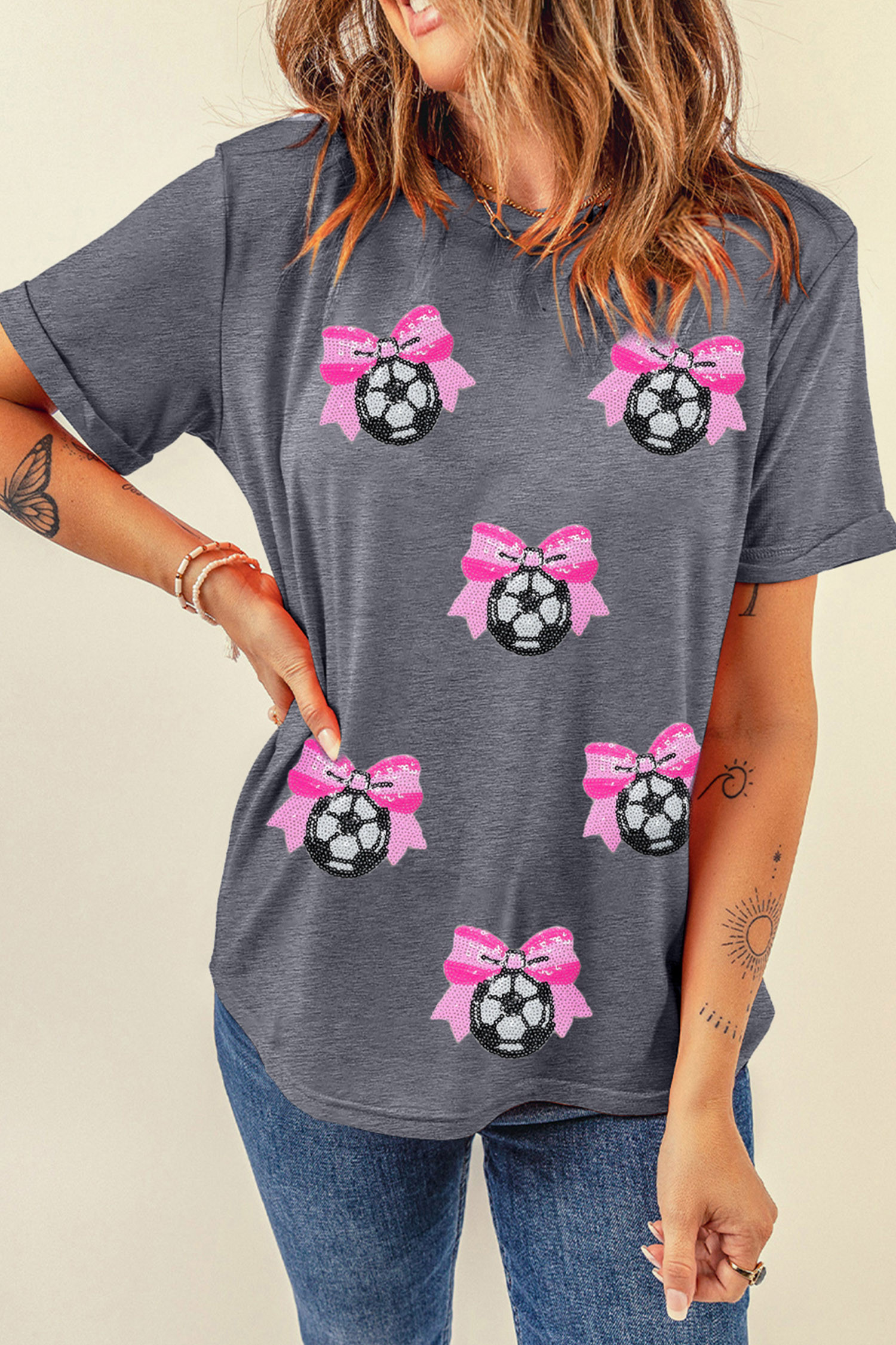 灰色亮片蝴蝶结足球比赛日 T 恤 LC25232083