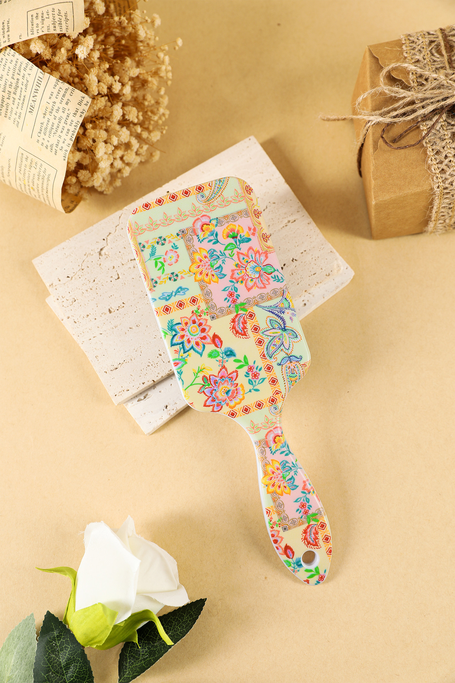 杏色波西米亚风花卉印花大号梳理发刷 BH061362