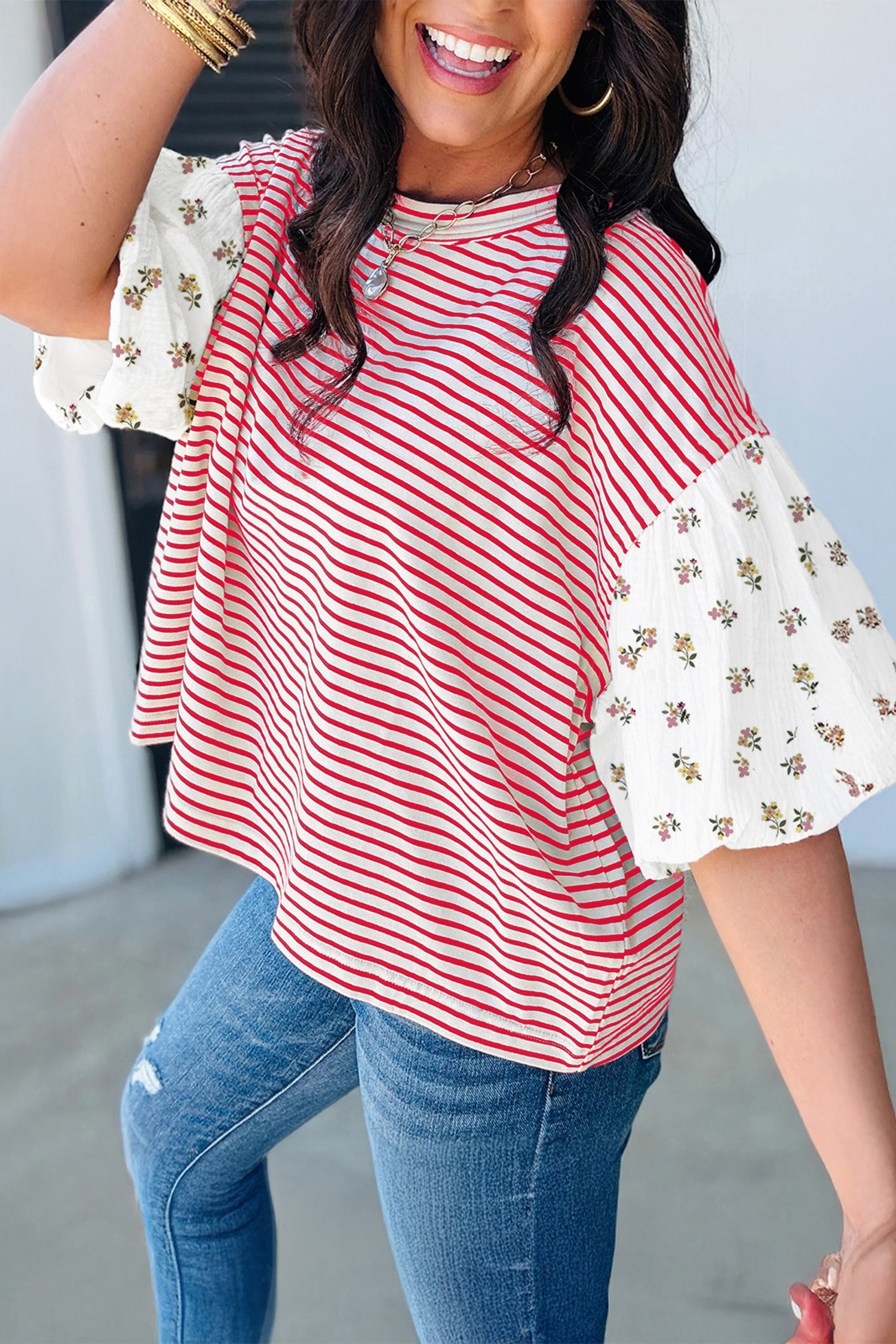 Red Stripe Floral Puff Sleeve Patchwork Round Neck Loose Top LC25135499