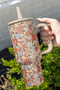 白色碎花翻盖吸管单柄旅行杯