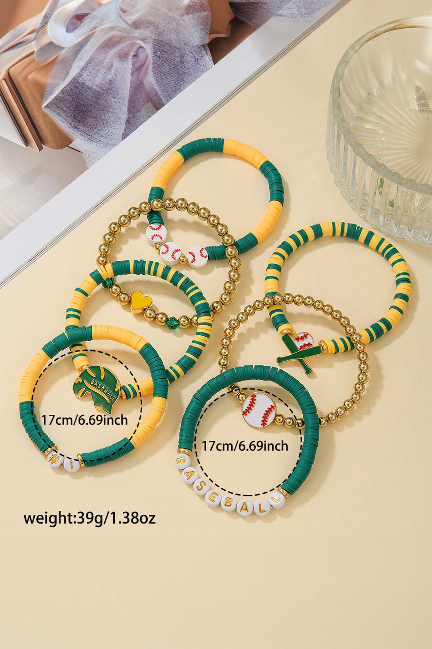 深绿色 7 件棒球可堆叠比赛日手链套装 BH052108