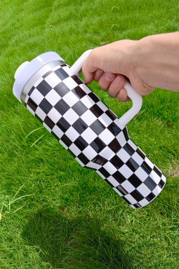 黑色格纹印花手柄不锈钢不倒翁杯 40 盎司