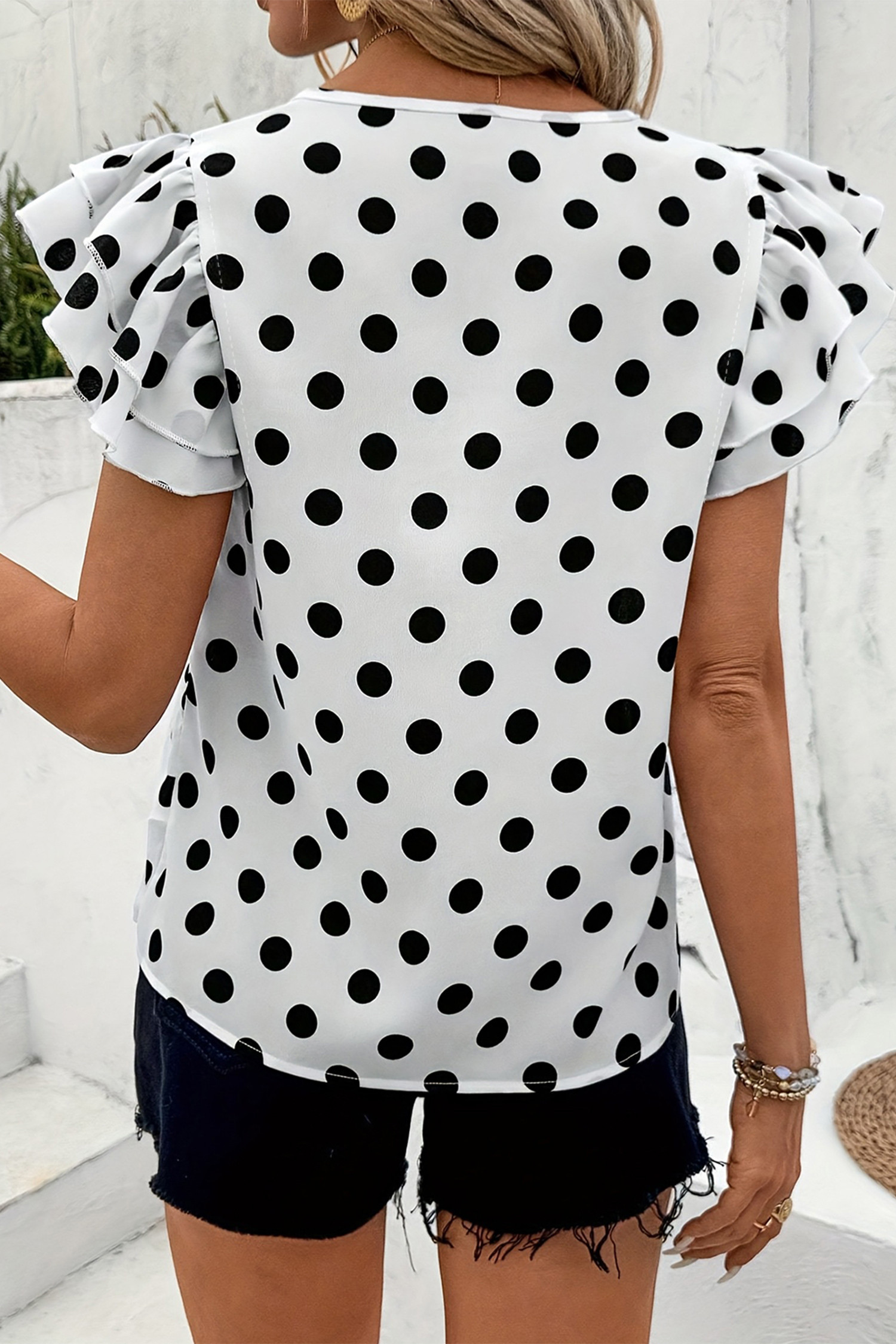 White Polka Dot Print Ruffled Short Sleeve Blouse LC25137264