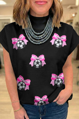 黑色亮片蝴蝶结足球高领短袖上衣