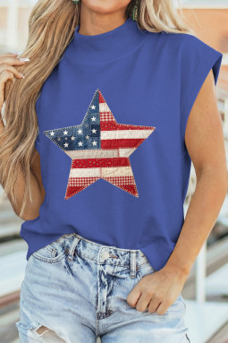 天蓝色仿拼布爱国星星印花高领上衣