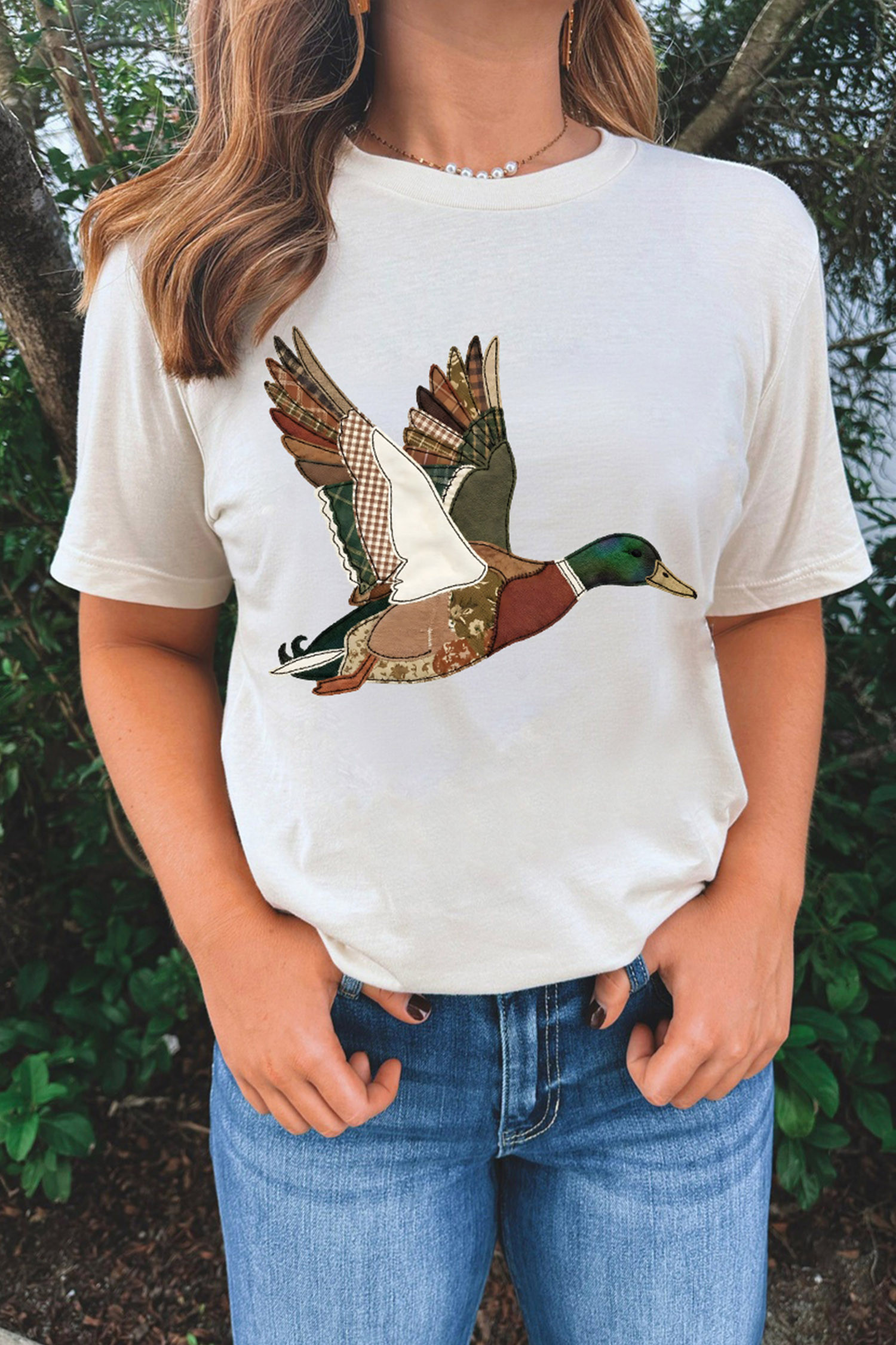 白色 Flying Mallard 仿拼布印花 T 恤 LC25231329