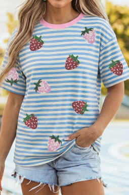 天蓝色条纹亮片草莓撞色饰边圆领 T 恤