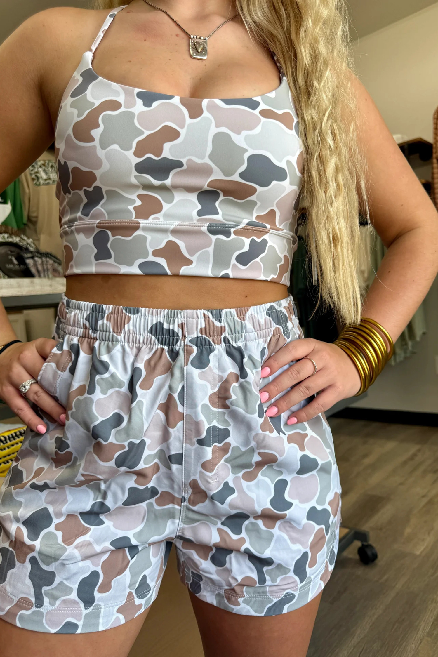 多色迷彩印花短款背心运动休闲 2 件套短套装 