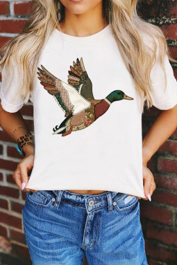 白色 Flying Mallard 仿拼布印花 T 恤