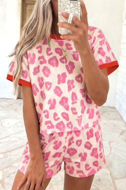 Rose 独特豹纹撞色镶边上衣宽松 2 件套短套装