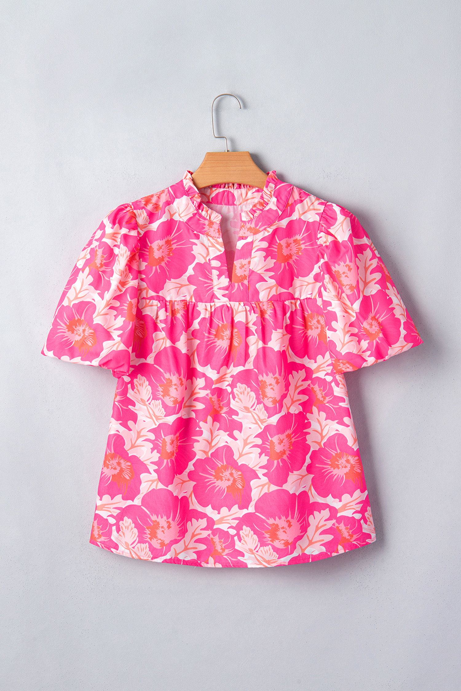 粉色短泡泡袖夏季碎花衬衫 LC25136856