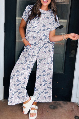 米色迷彩印花扭纹罗纹宽松T恤抽绳裤套装