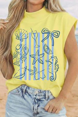 黄色贝壳风骚条纹印花高领上衣