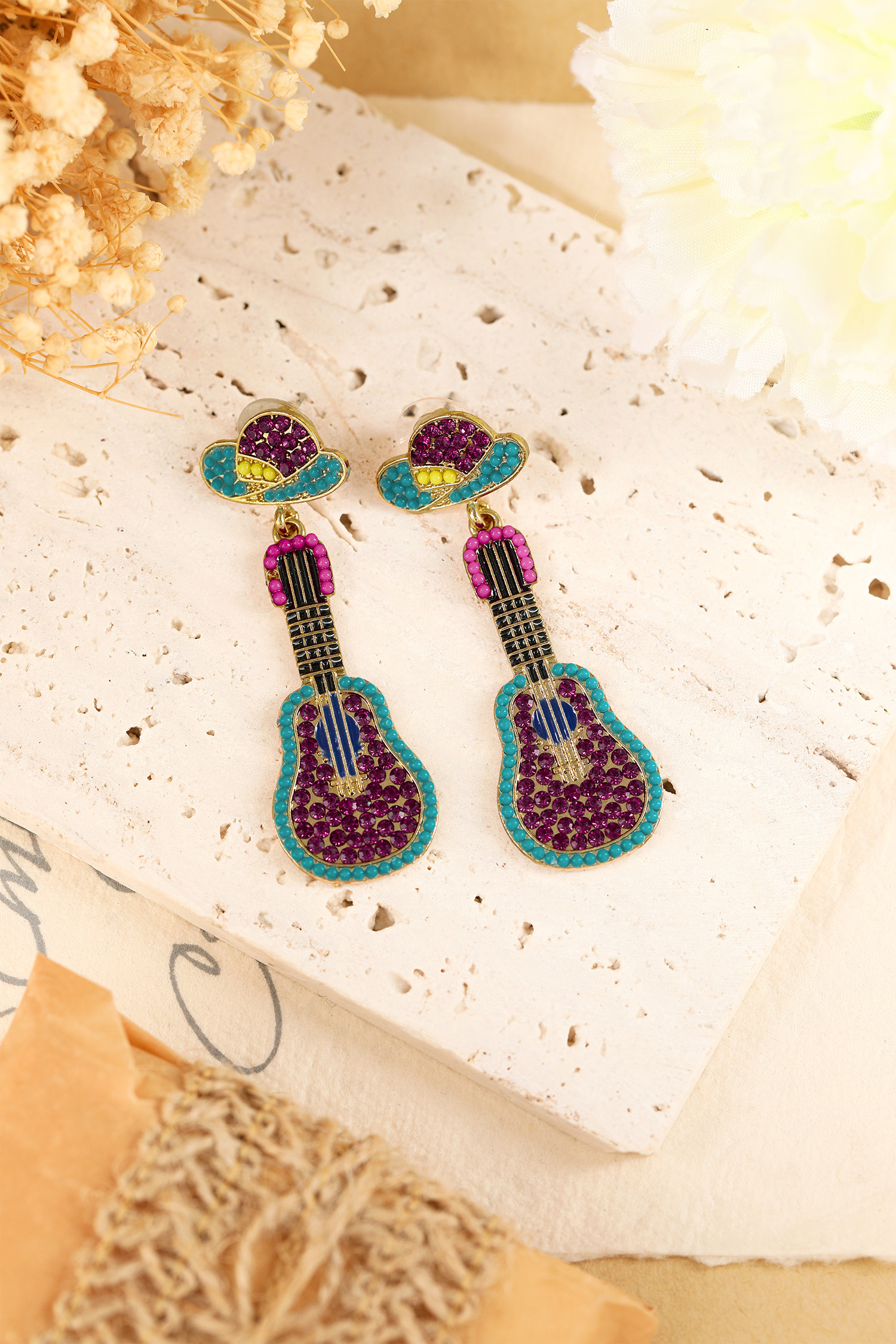 绿松石水钻串珠女牛仔帽子吉他吊坠耳环 BH014868