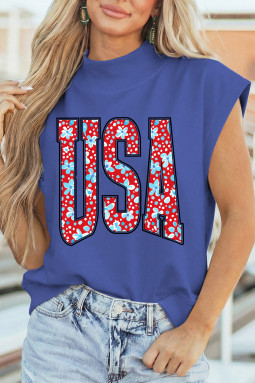 天蓝色美国花卉刻字印花高领短袖上衣