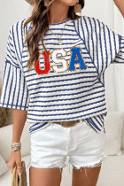 蓝色条纹纹理针织 USA 雪尼尔字母超大 T 恤