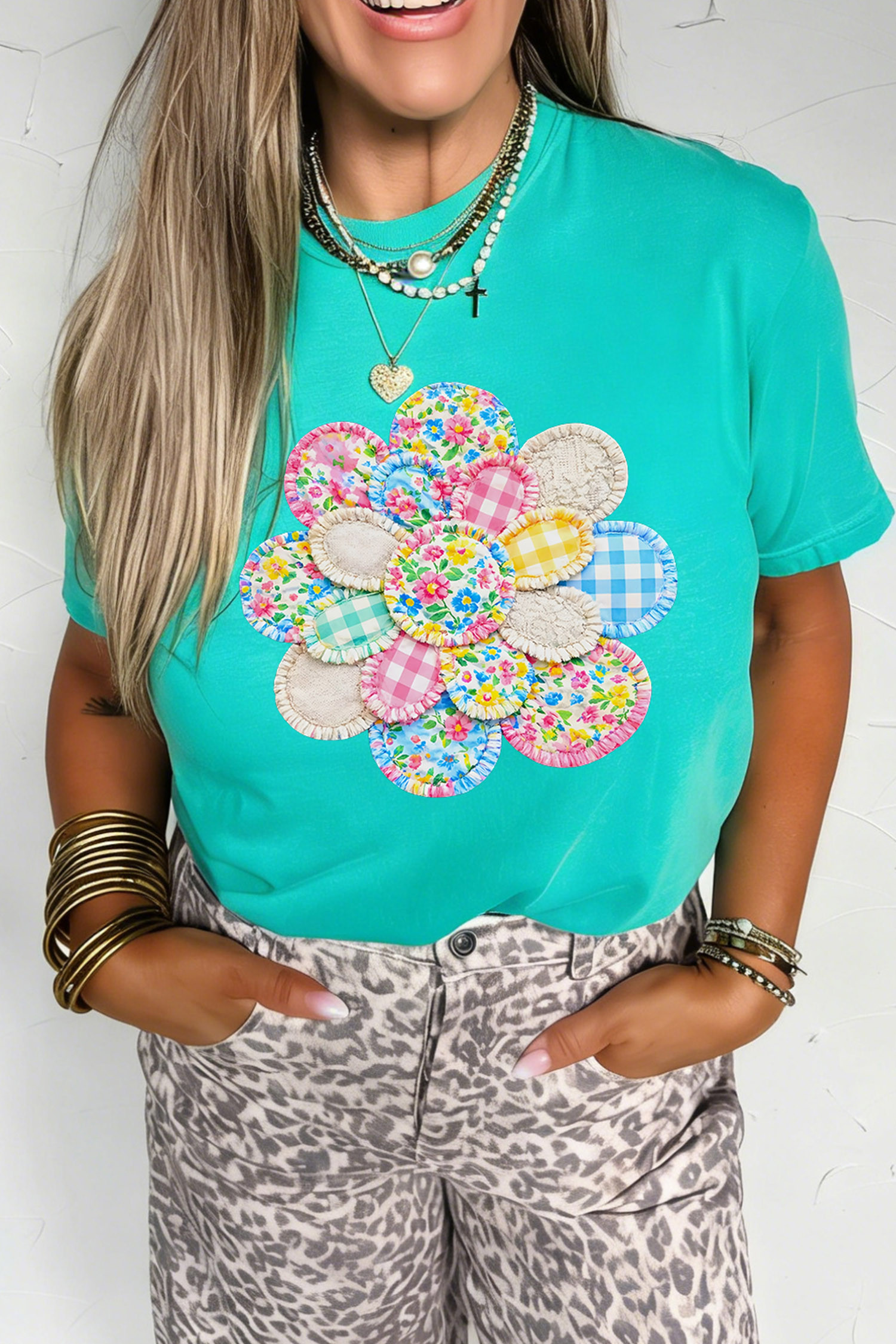 薄荷绿拼布花卉印花休闲 T 恤 LC25232060