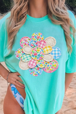 薄荷绿拼布花卉印花休闲 T 恤