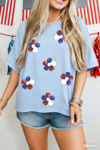 Myosotis 爱国亮片花朵半袖宽松T恤