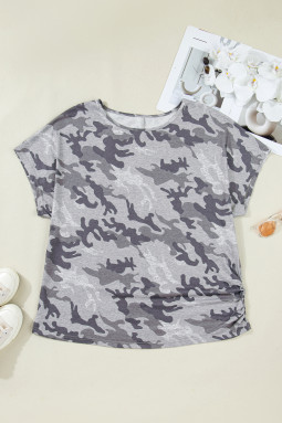 灰色大码迷彩印花休闲 T 恤