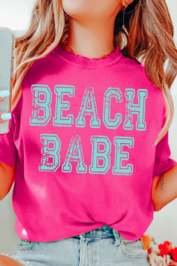 玫红色 BEACH BABE 图案休闲 T 恤