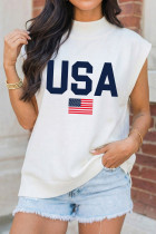 白色美国国旗印花小高领短袖上衣