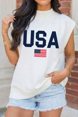 白色美国国旗印花小高领短袖上衣
