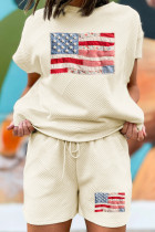 杏色时尚纹理拼布旗帜印花短款 2 件套