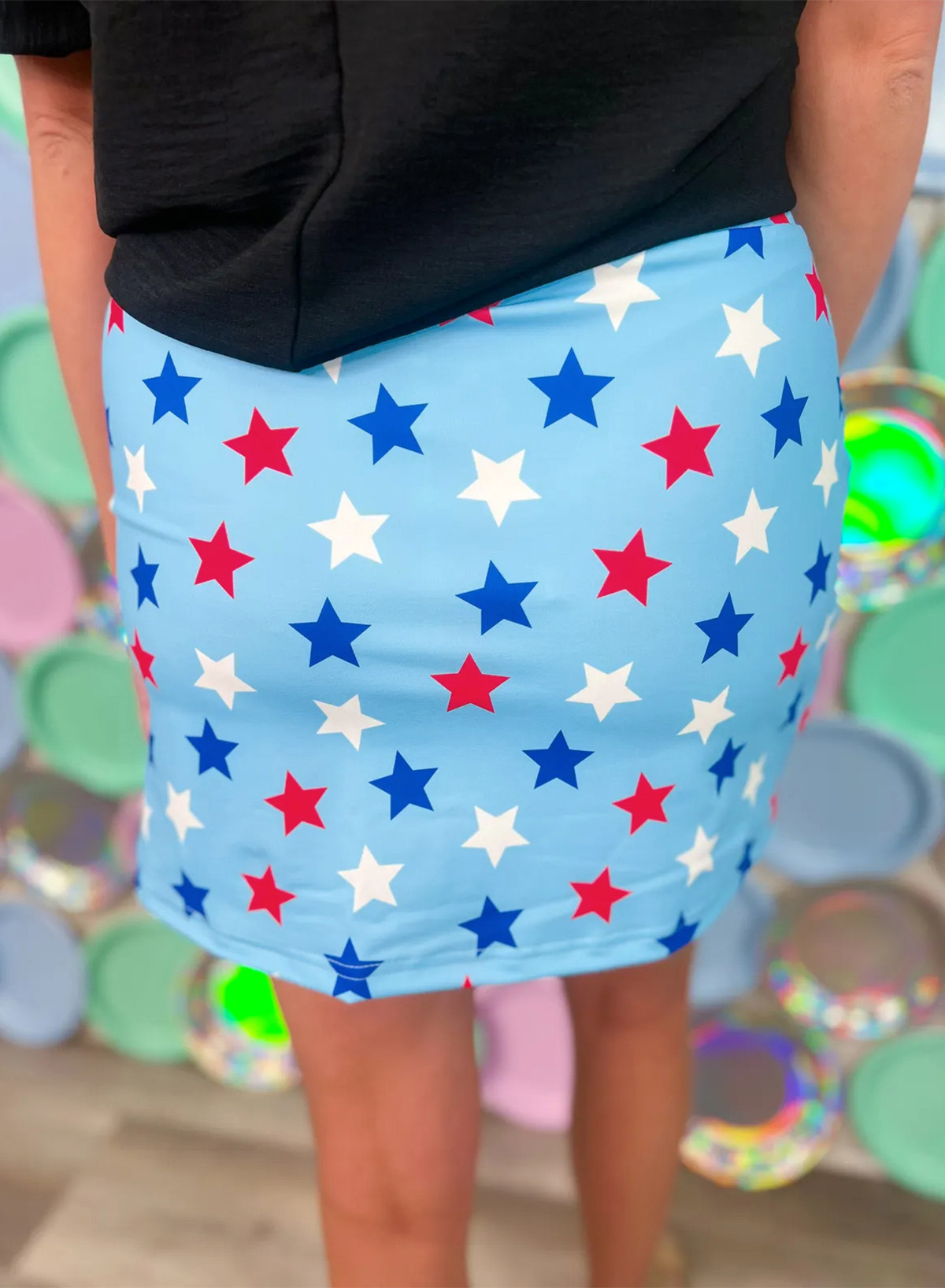 天蓝色爱国星星印花串珠抽绳迷你裙裤 LC7211598