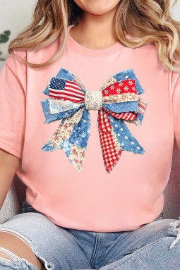 粉色爱国蝴蝶结印花女式休闲 T 恤