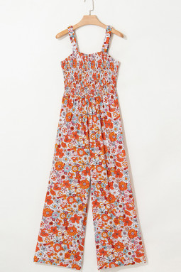 橙色花卉印花无袖缩褶直筒连身裤