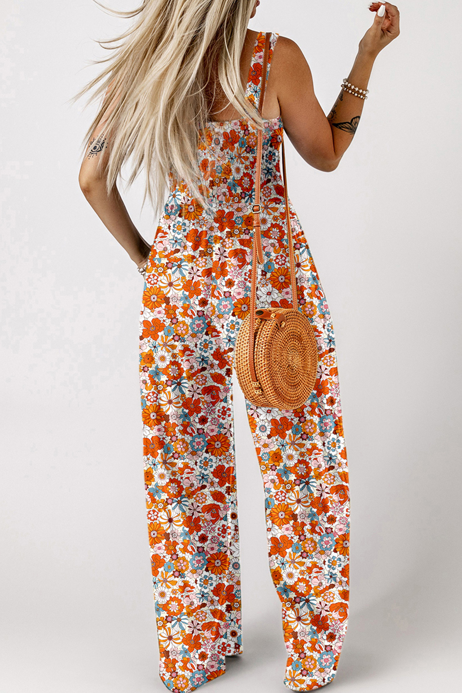 橙色花卉印花无袖缩褶直筒连身裤 LC6412966