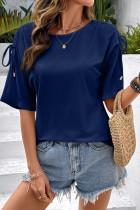 海军蓝色纯色抽绳肩部细节圆领 T 恤