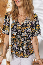 黑色花卉印花 V 领抽褶娃娃装衬衫