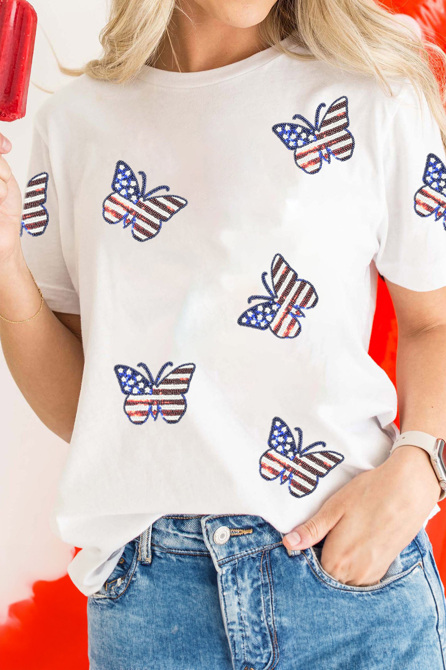 白色爱国亮片蝴蝶休闲 T 恤 LC25232066