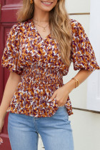 棕色抽象印花 V 领抽褶娃娃装衬衫