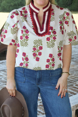 白色加大码花卉印花 Ricrac 条纹饰边短袖棉质衬衫