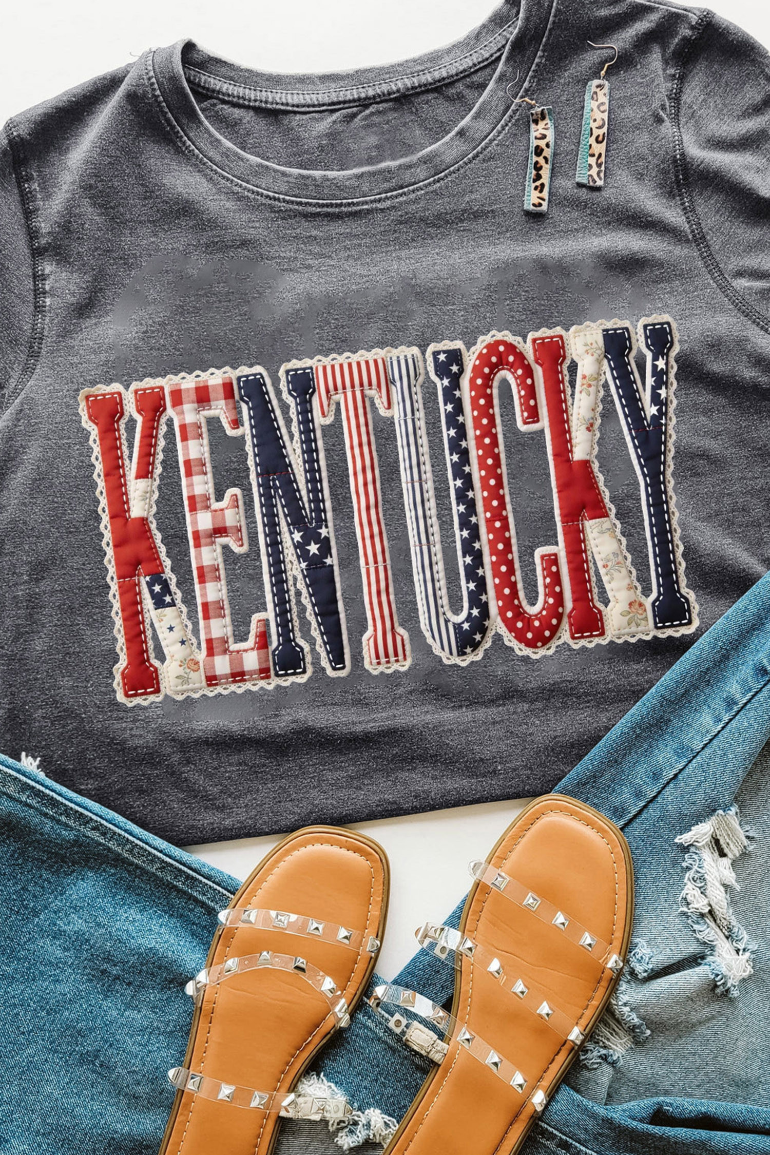 灰色 KENTUCKY 混合图案印花爱国 T 恤 LC25232067