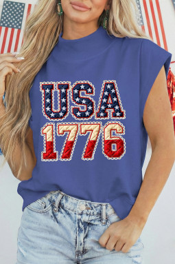 天蓝色爱国美国 1776 图案肌肉 T 恤，带复古旗帜印花