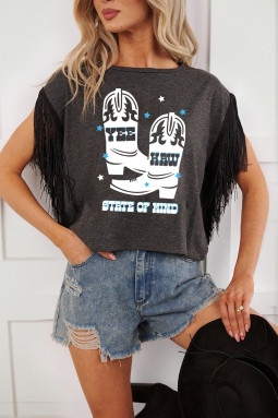 碳灰色 YEE HAW 靴子 STATE OF MIND 流苏袖 T 恤