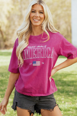 玫瑰红 AMERICA 1776 图案矿洗棉质 T 恤