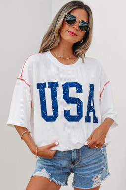 白色 USA 图案半袖宽松罗纹上衣