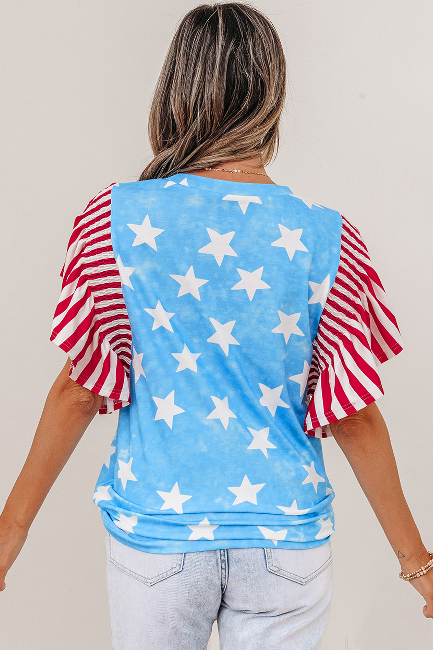 Sky Blue Vintage Star Print Striped Ruffle Sleeve Independence Day Top LC25231055