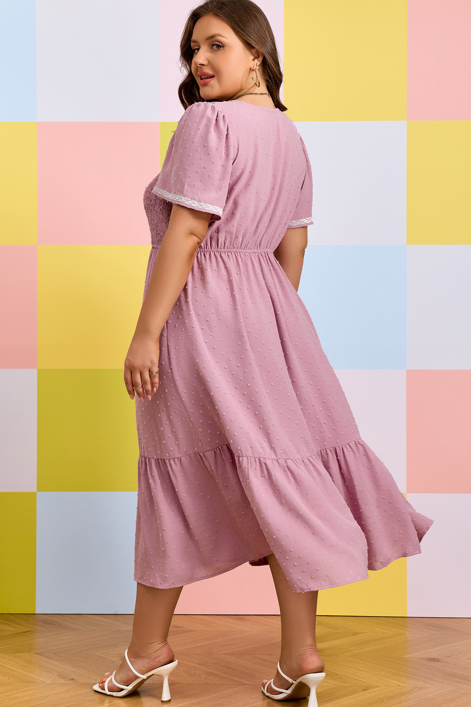 Pink Plus Size Swiss Dot Short Sleeve Smocked High Waist Flowy Midi Dress PL613667