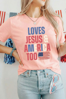 粉色 LOVES JESUS & AMERICA TOO 爱国旗帜图案 T 恤