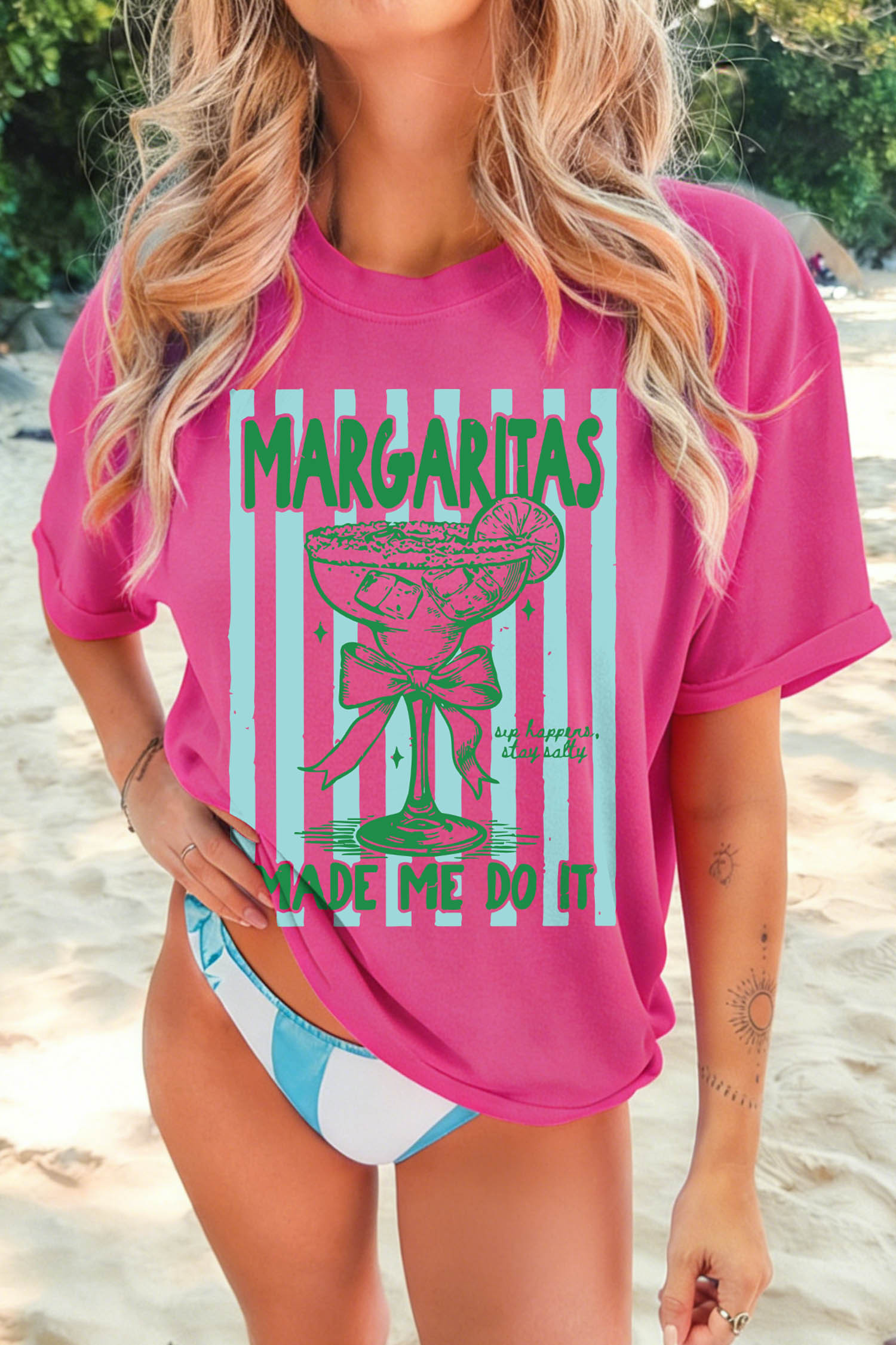 玫瑰红色 Margaritas Made Me Do It 条纹图案海滩度假 T 恤 LC25232208