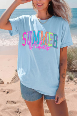 浅蓝色 SUMMER Vibes 字母印花圆领休闲 T 恤