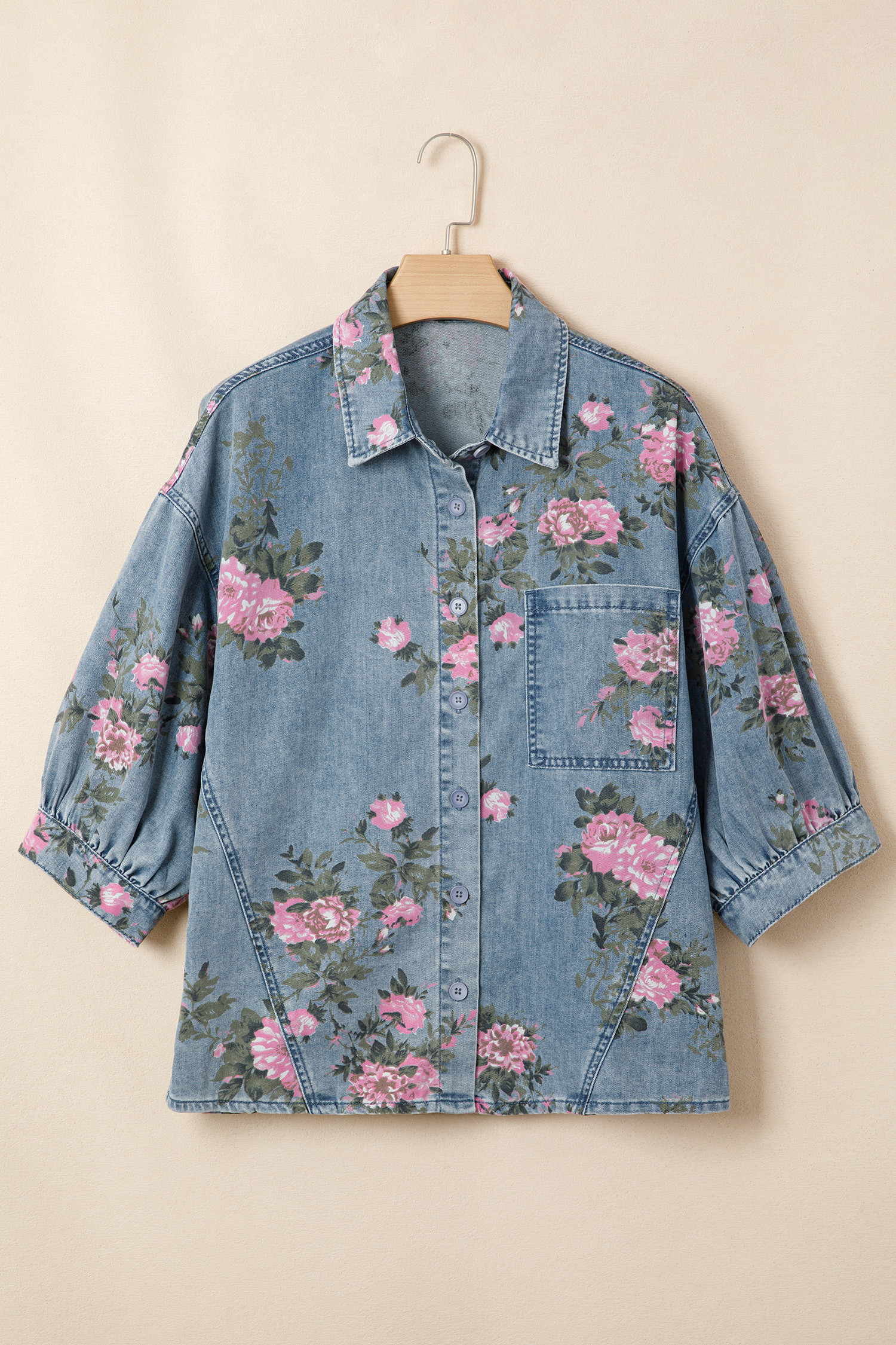 蓝色手镯袖花卉牛仔衬衫 LC784957